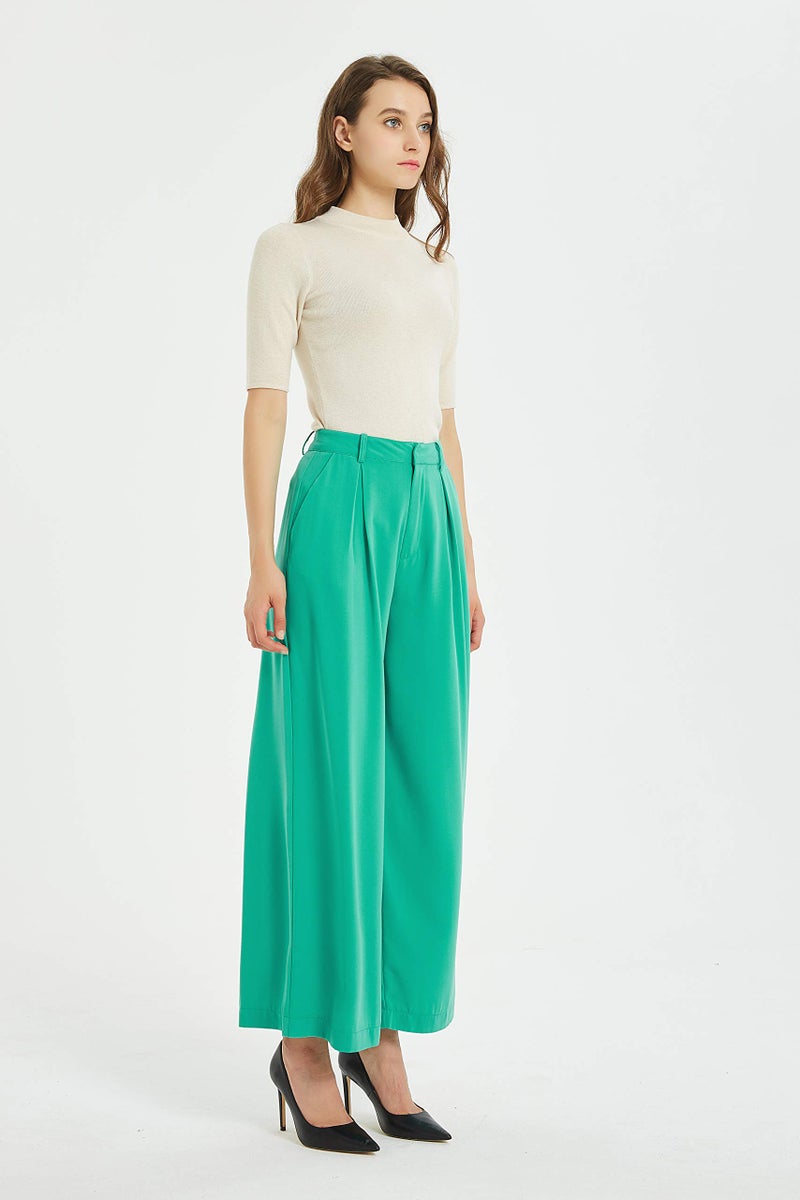 Tronjori Women High Waist Casual Wide Leg Long Palazzo Pants Trousers Regular Size(L, Green) - Image 4